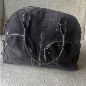 Longchamp Black Suede Duffel Bag with Dual Front Zips